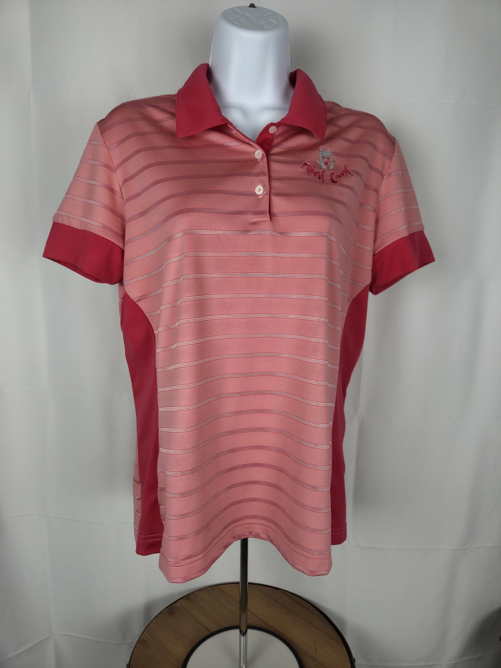 Womens..Adidas Pink Striped Polo Jersey with Dark Pink Accents...